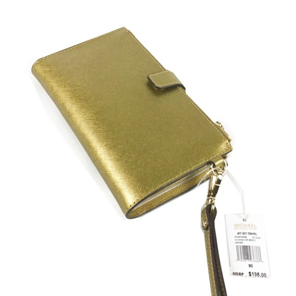 Michael Kors Gold Leather Jet Set Travel Large Double Zip Wristlet Wallet - Picture 2 of 6